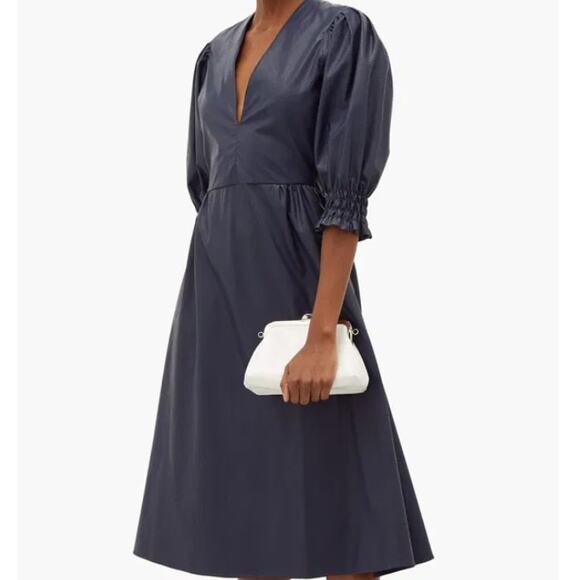 MSGM Shirr-Cuff V-neck Puff Sleeve Faux-Leather Midi Dress Navy Made in Italy XS - Picture 1 of 9